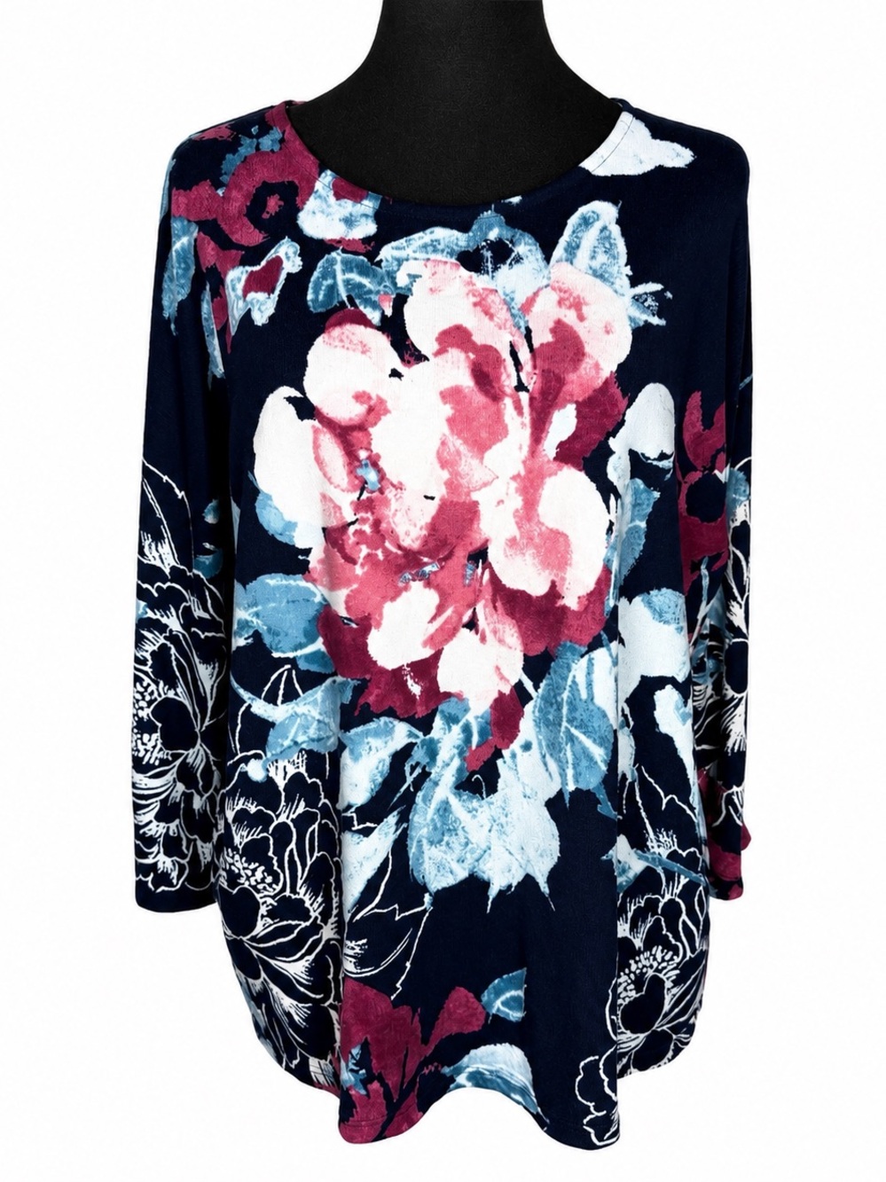 Chicos Navy Multicolor Floral Sweater Sz 2/US 12 Dolman 3/4 Sleeves Lightweight